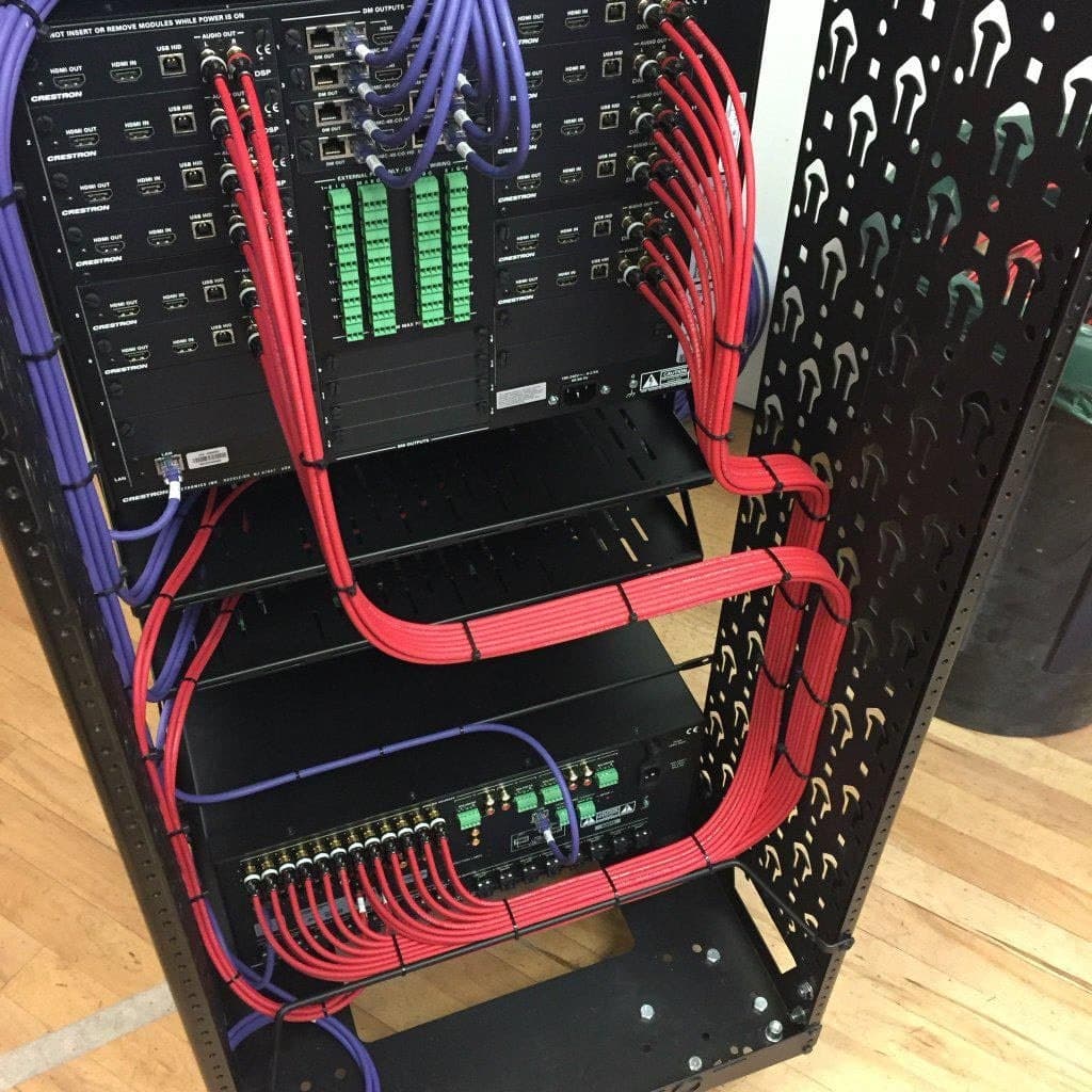 Rear of an equipment rack with red and purple cabling dressed into tied bundles